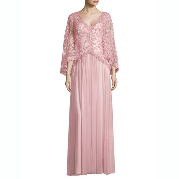 New! TADASHI SHOJI Women's Embroidered Lace Cape Gown Dress Rose Quartz Pink 4 - Picture 5 of 7